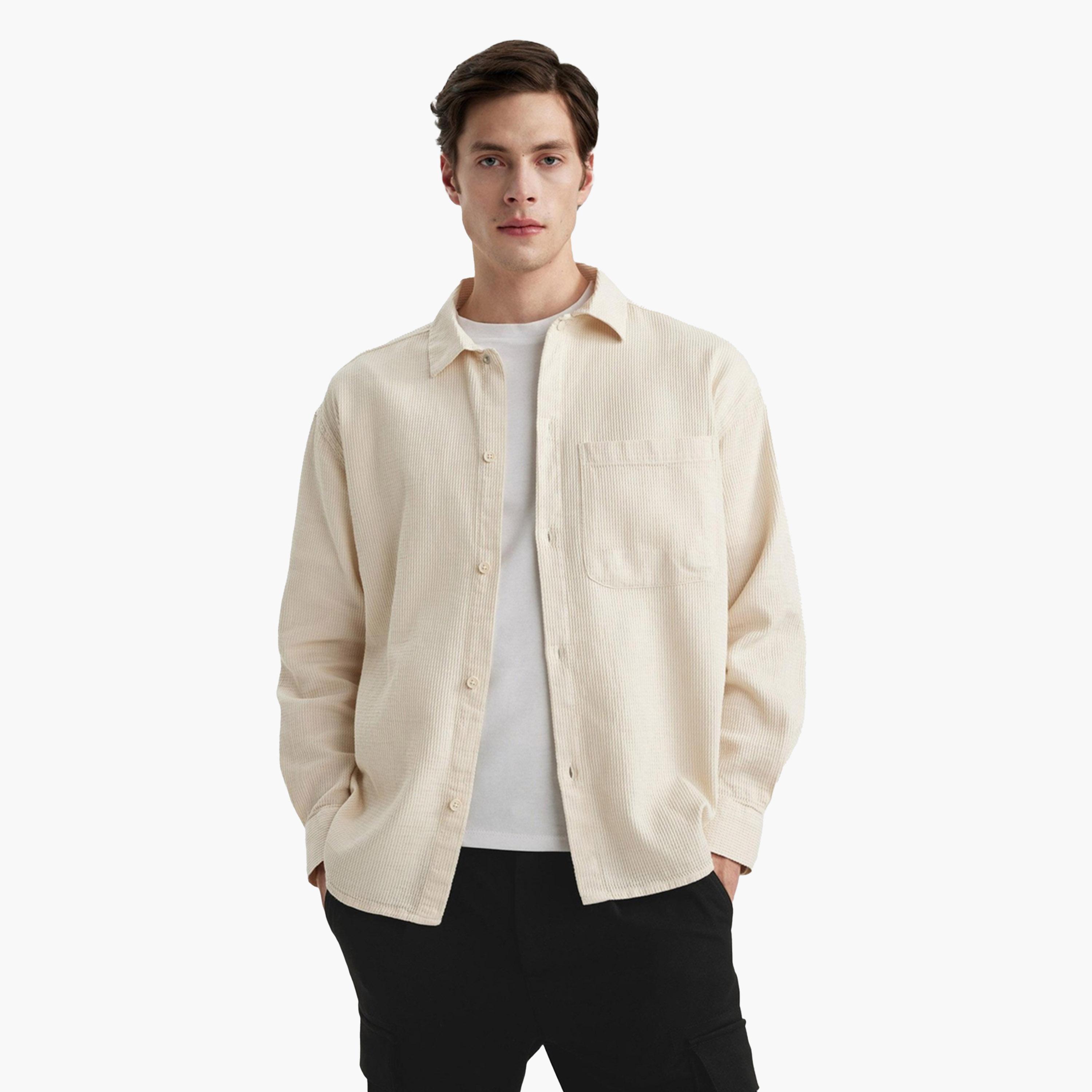 DeFacto X Styli Mens Cream Button-Down Plain Long Sleeve Shirt-men-clothing-shirts-image-3