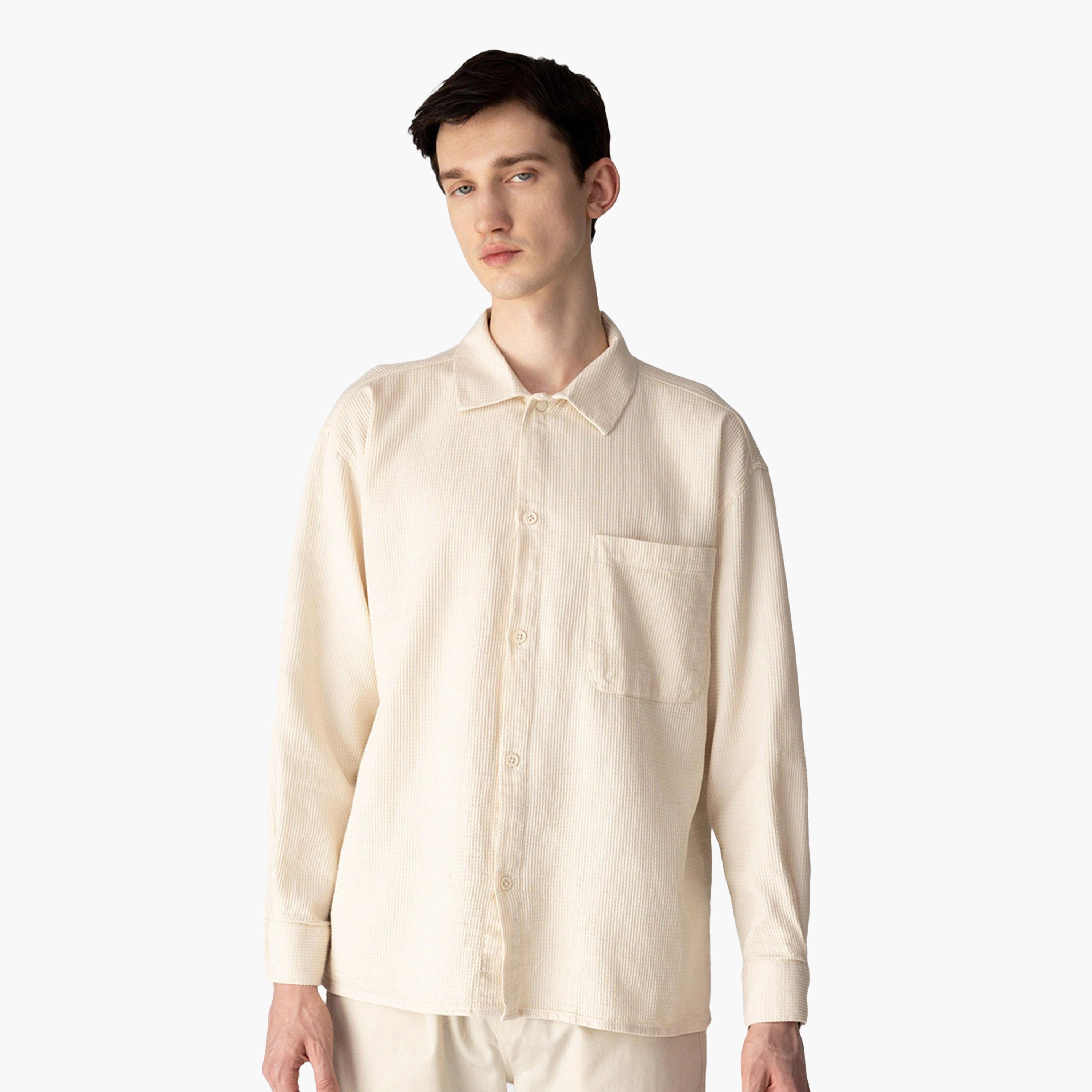 DeFacto X Styli Mens Cream Button-Down Plain Long Sleeve Shirt-men-clothing-shirts-image-5