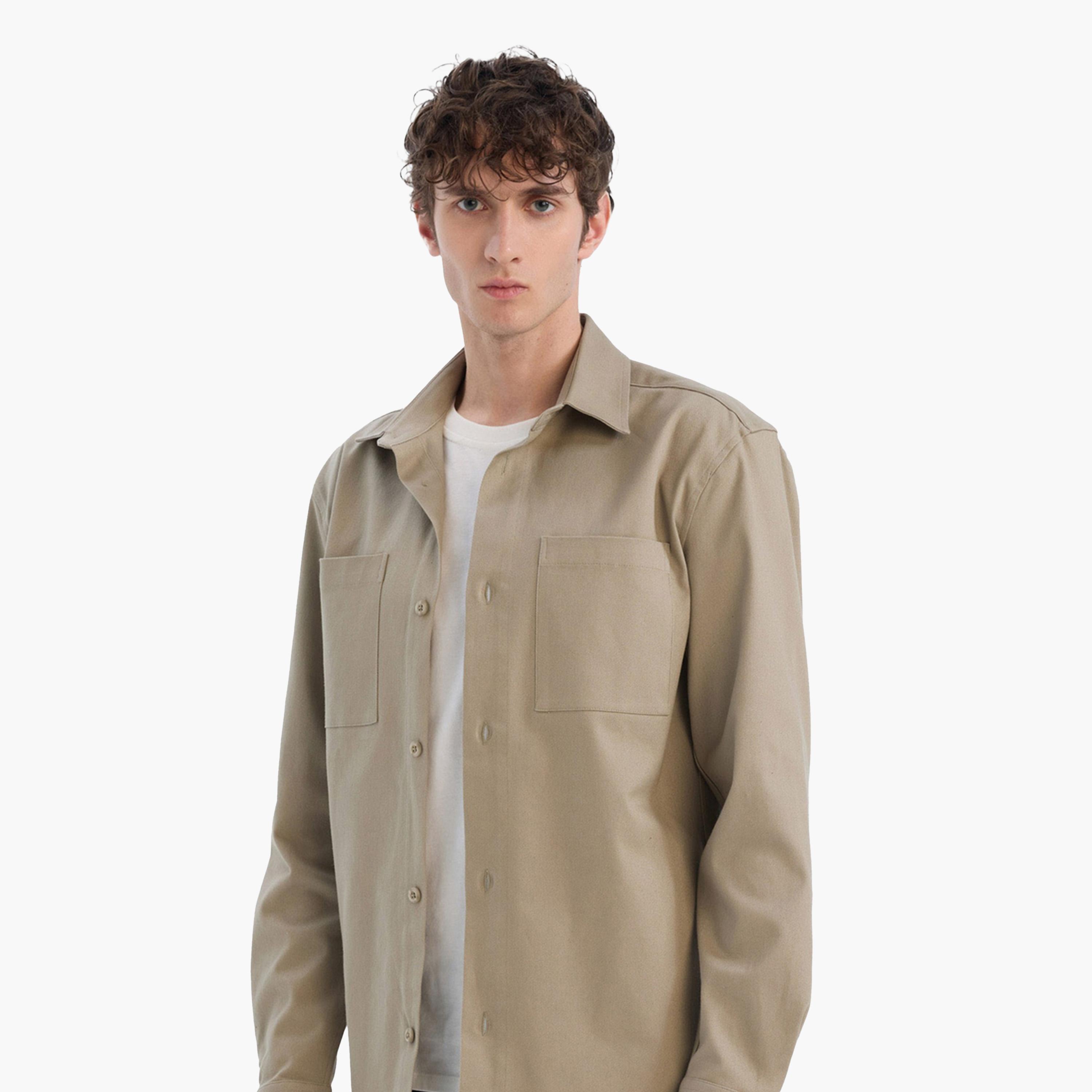 ديفاكتو × ستايلي - قميص رجالي كاكي بأكمام طويلة وأزرار-men-clothing-shirts-image-1
