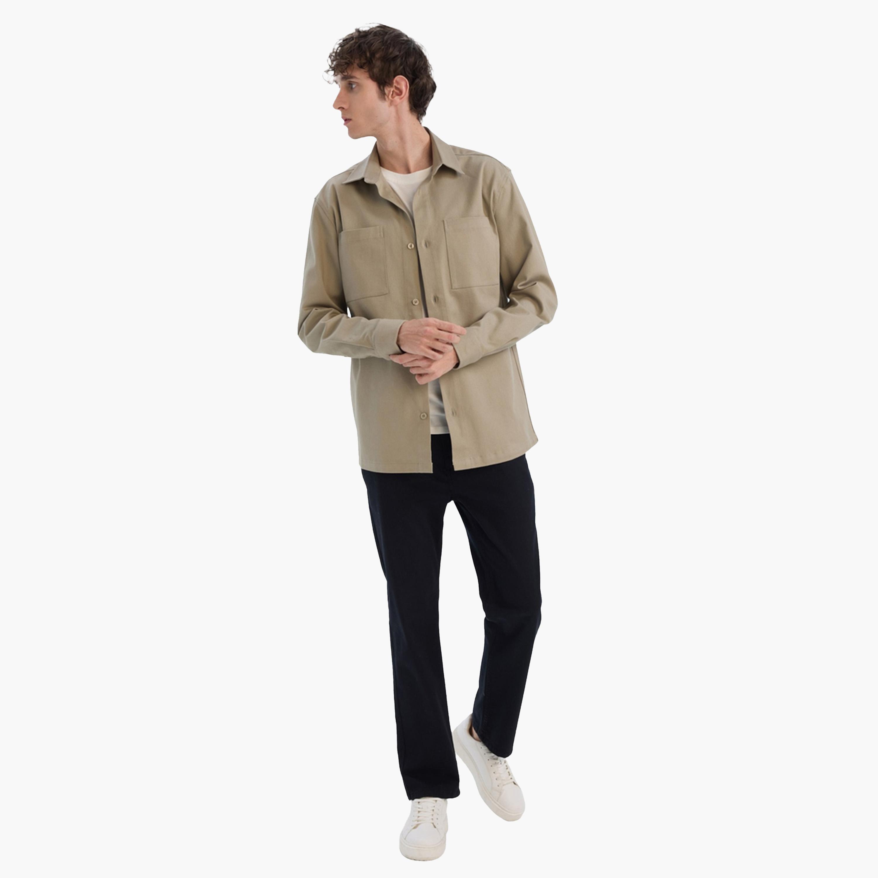 DeFacto X Styli Mens Khaki Button-Down Long Sleeve Shirt-men-clothing-shirts-image-2