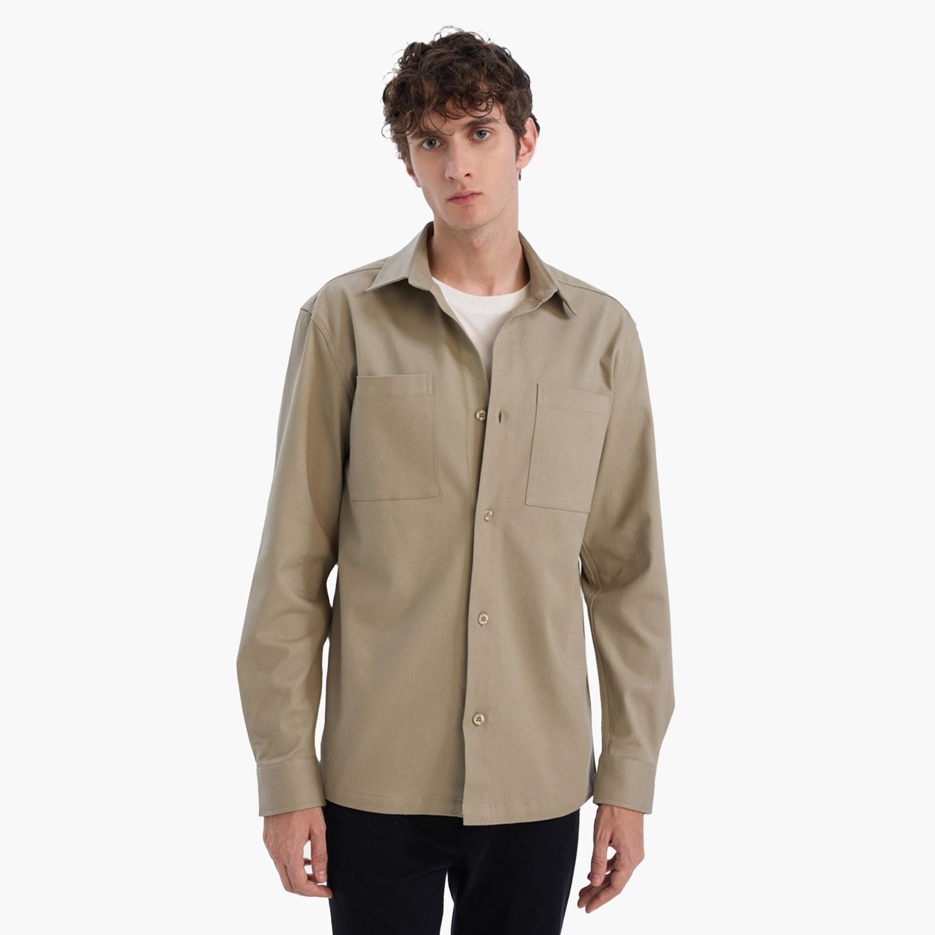 ديفاكتو × ستايلي - قميص رجالي كاكي بأكمام طويلة وأزرار-men-clothing-shirts-image-6