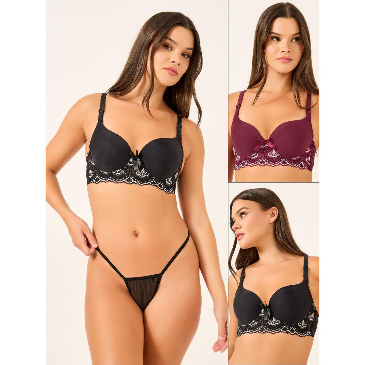 Styli Pack of 2 - Padded Wired Balconette Bra with Floral Scallop Detail-women-clothing-lingerie-bras-image-1