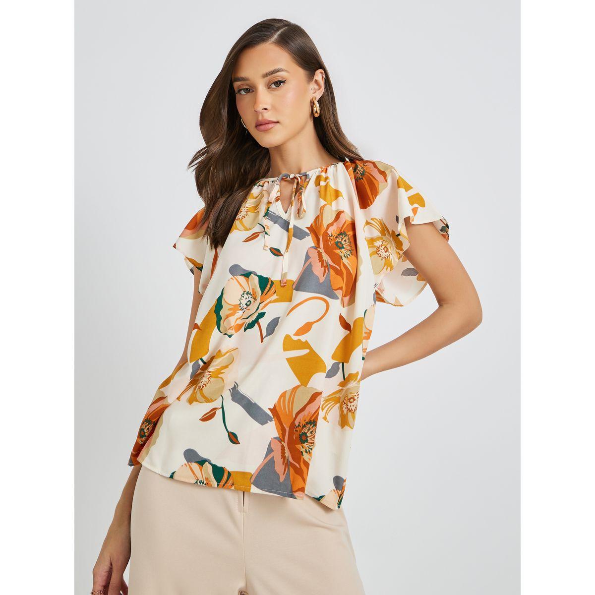 Styli Floral Print Batwing Sleeve Tie-Up Neck Blouse-women-clothing-shirtsandblouses-blouses-image-1
