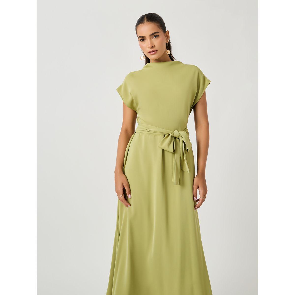 Styli Women Green Solid Cinched Waist A-Line Midi Dress-women-clothing-dresses-image-3