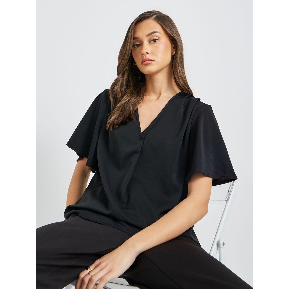 Styli Solid Batwing Sleeve V-Neck Blouse-women-clothing-shirtsandblouses-blouses-image-1