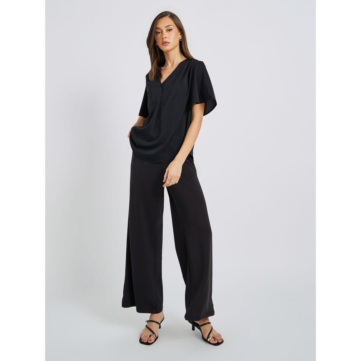 Styli Solid Batwing Sleeve V-Neck Blouse-women-clothing-shirtsandblouses-blouses-image-2