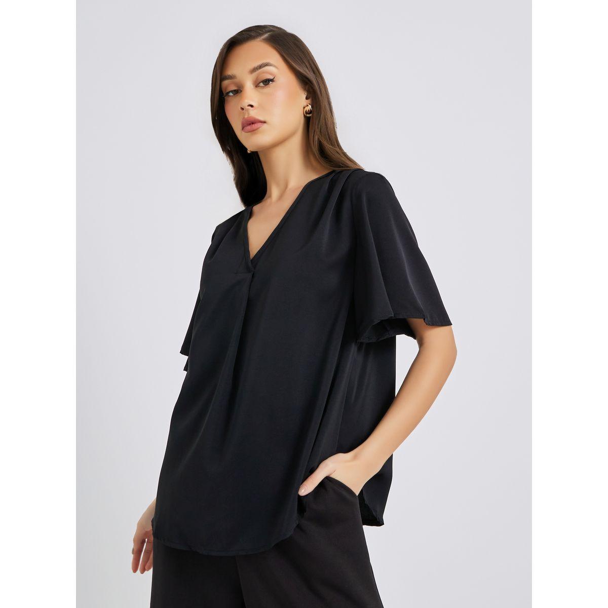 Styli Solid Batwing Sleeve V-Neck Blouse-women-clothing-shirtsandblouses-blouses-image-3