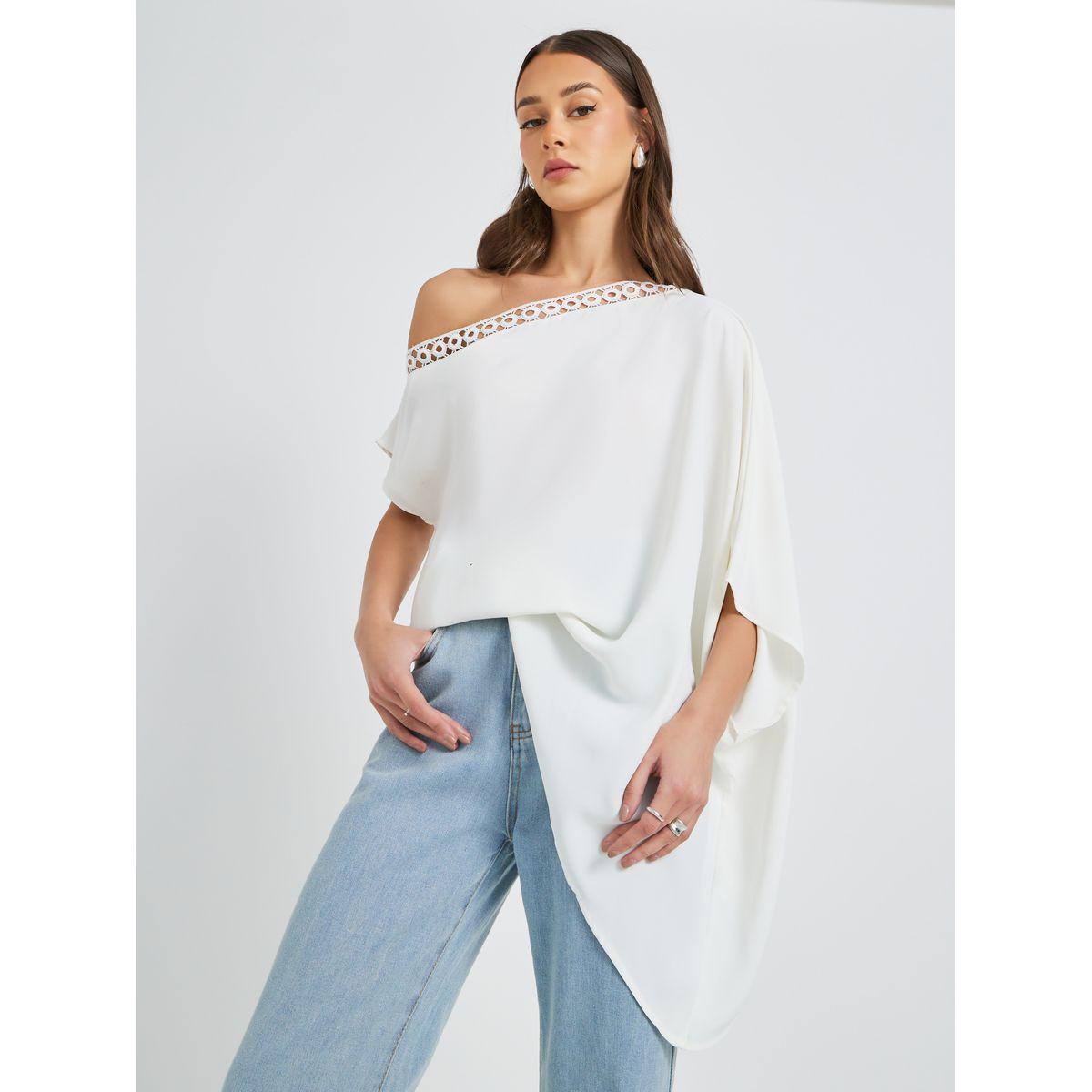 Styli Solid One Shoulder Lace Trim Batwing Sleeve Blouse-women-clothing-shirtsandblouses-blouses-image-1