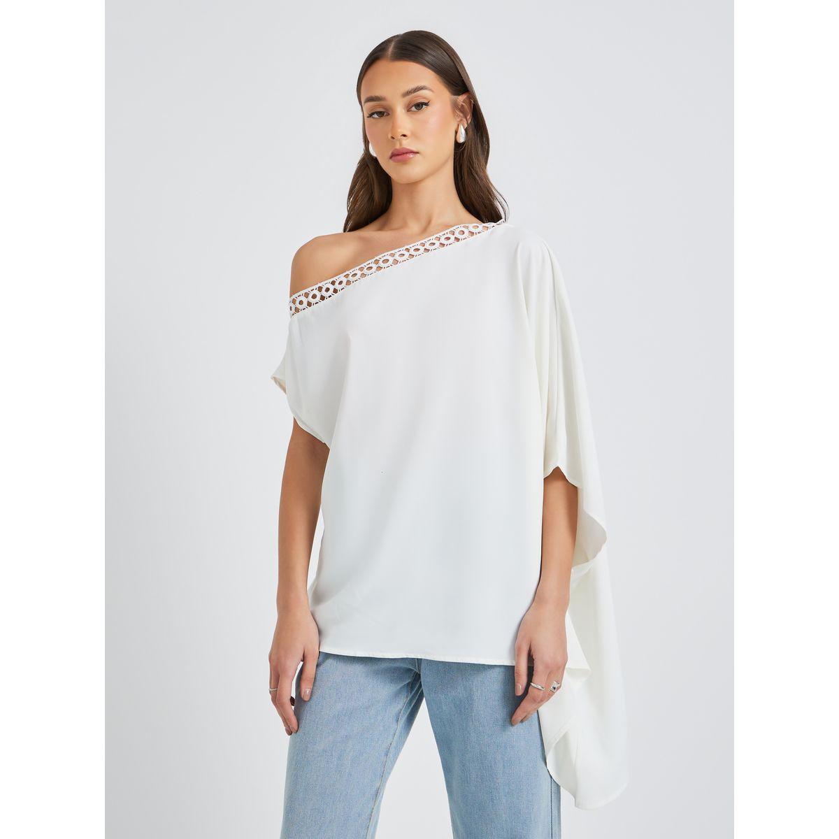 Styli Solid One Shoulder Lace Trim Batwing Sleeve Blouse-women-clothing-shirtsandblouses-blouses-image-4