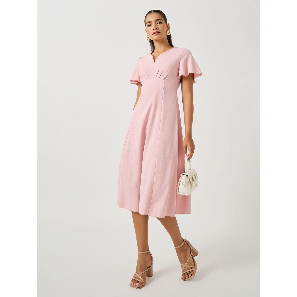Styli Solid V-Neck Flute Sleeve A-Line Knee Length Dress-women-clothing-dresses-image-1