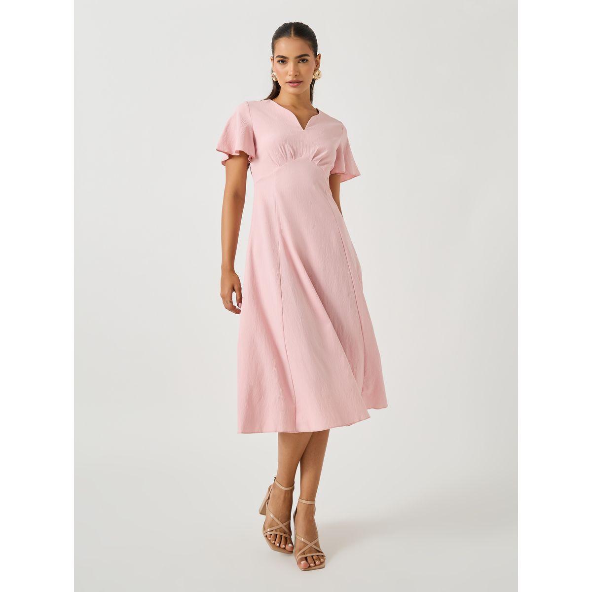 فستان سادة بطول الركبة مع أكمام فلوت-women-clothing-dresses-image-2