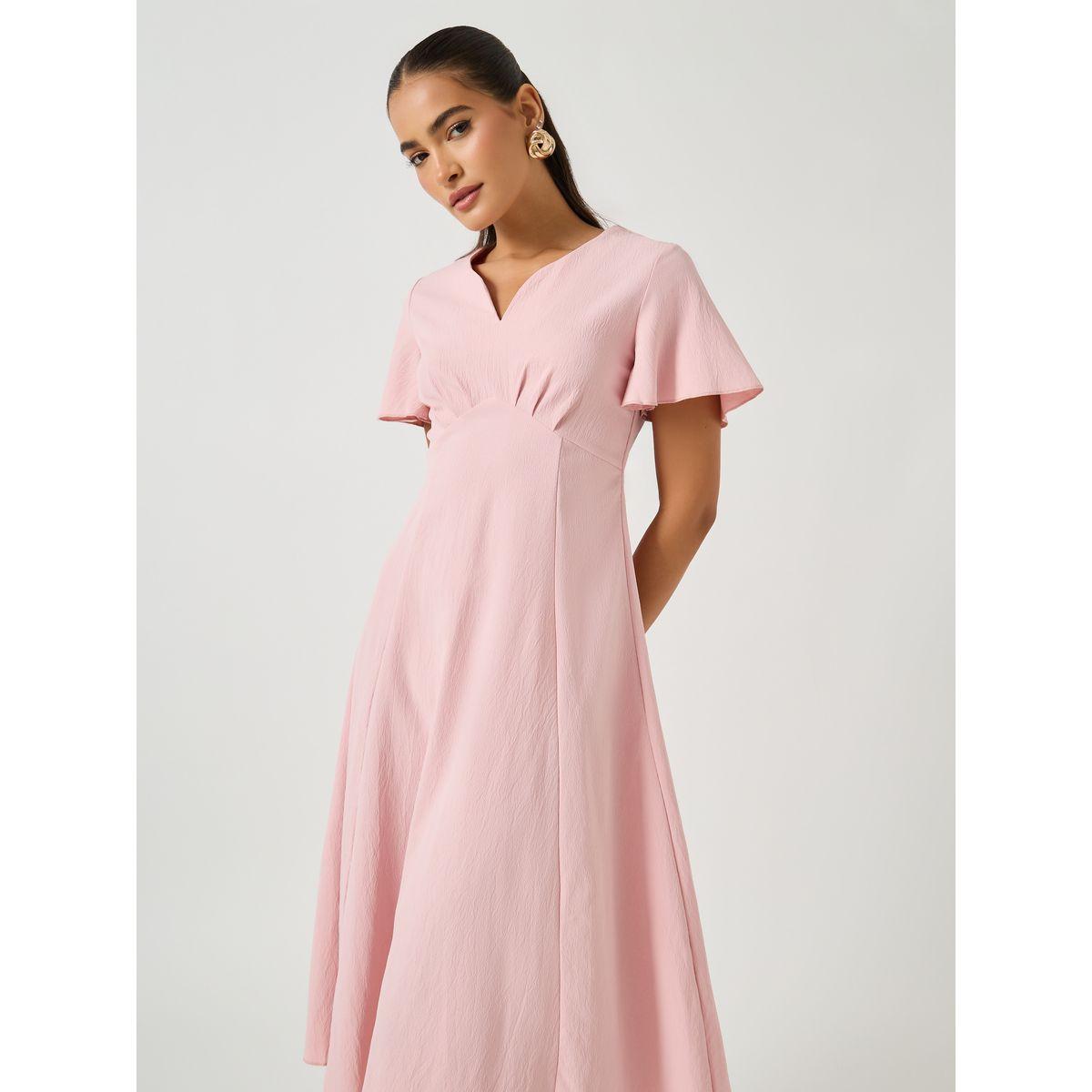 فستان سادة بطول الركبة مع أكمام فلوت-women-clothing-dresses-image-3