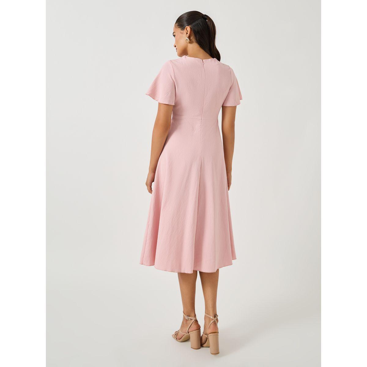 Styli Solid V-Neck Flute Sleeve A-Line Knee Length Dress-women-clothing-dresses-image-5