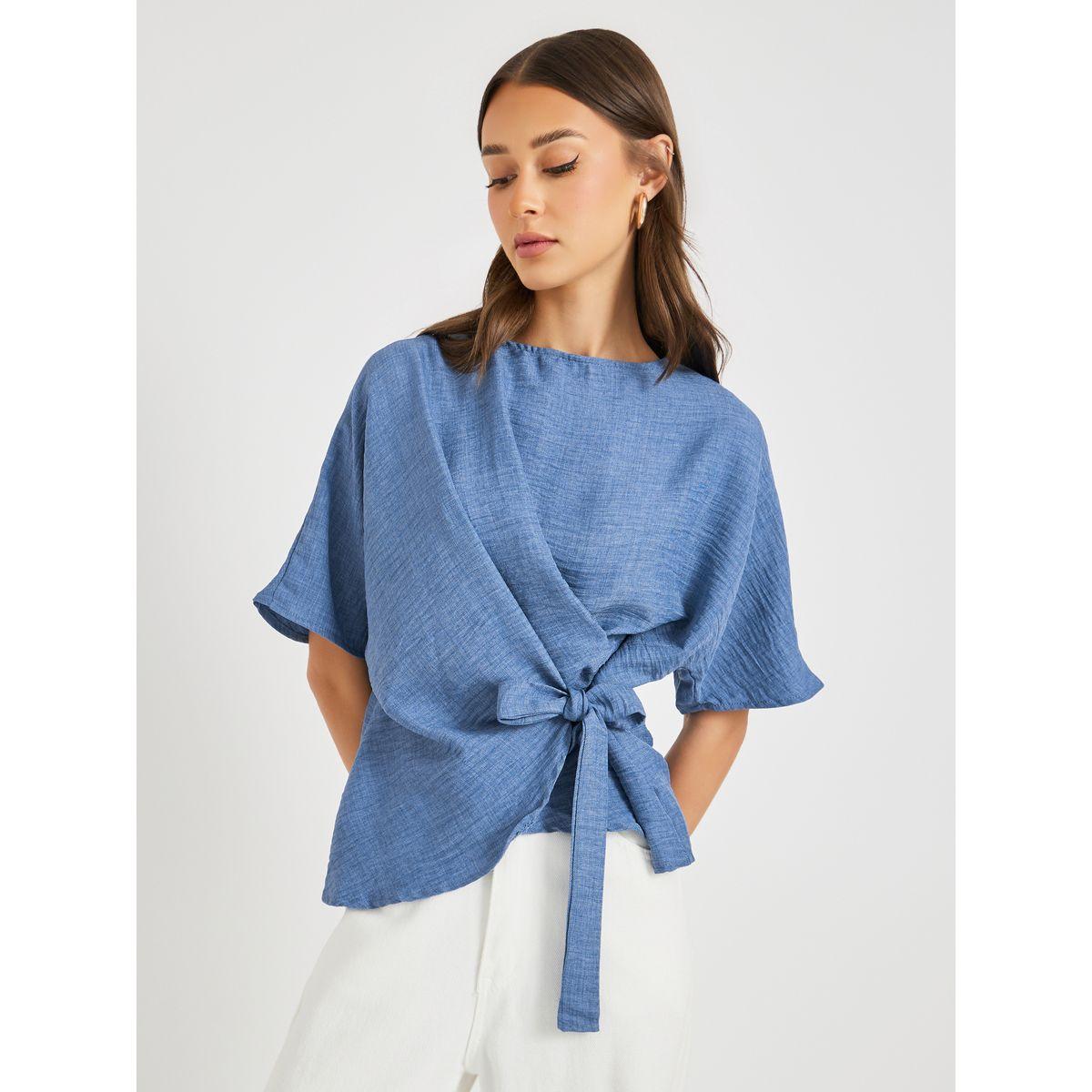 Styli Solid Asymmetric Hem Wrap Blouse-women-clothing-shirtsandblouses-blouses-image-1