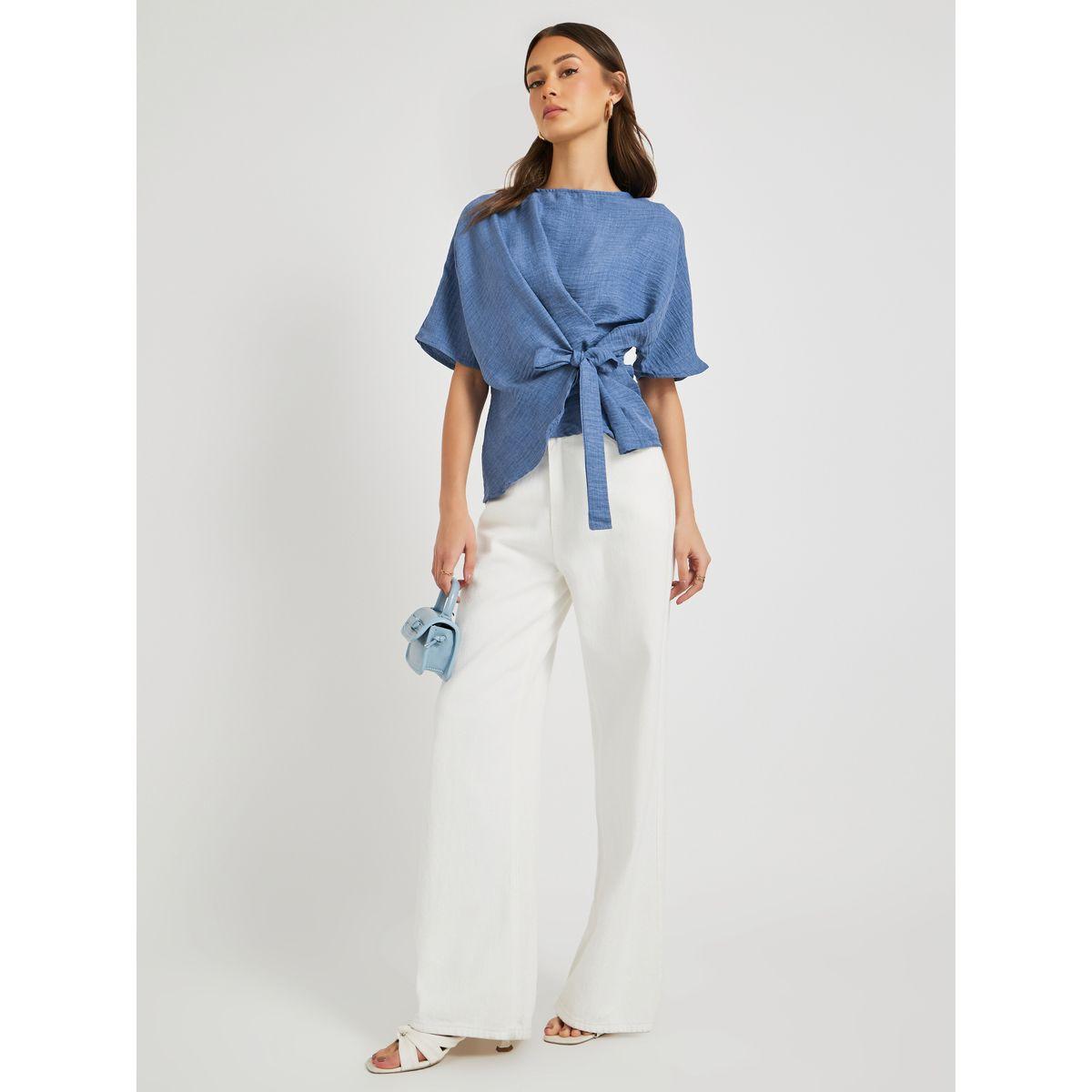 Styli Solid Asymmetric Hem Wrap Blouse-women-clothing-shirtsandblouses-blouses-image-2