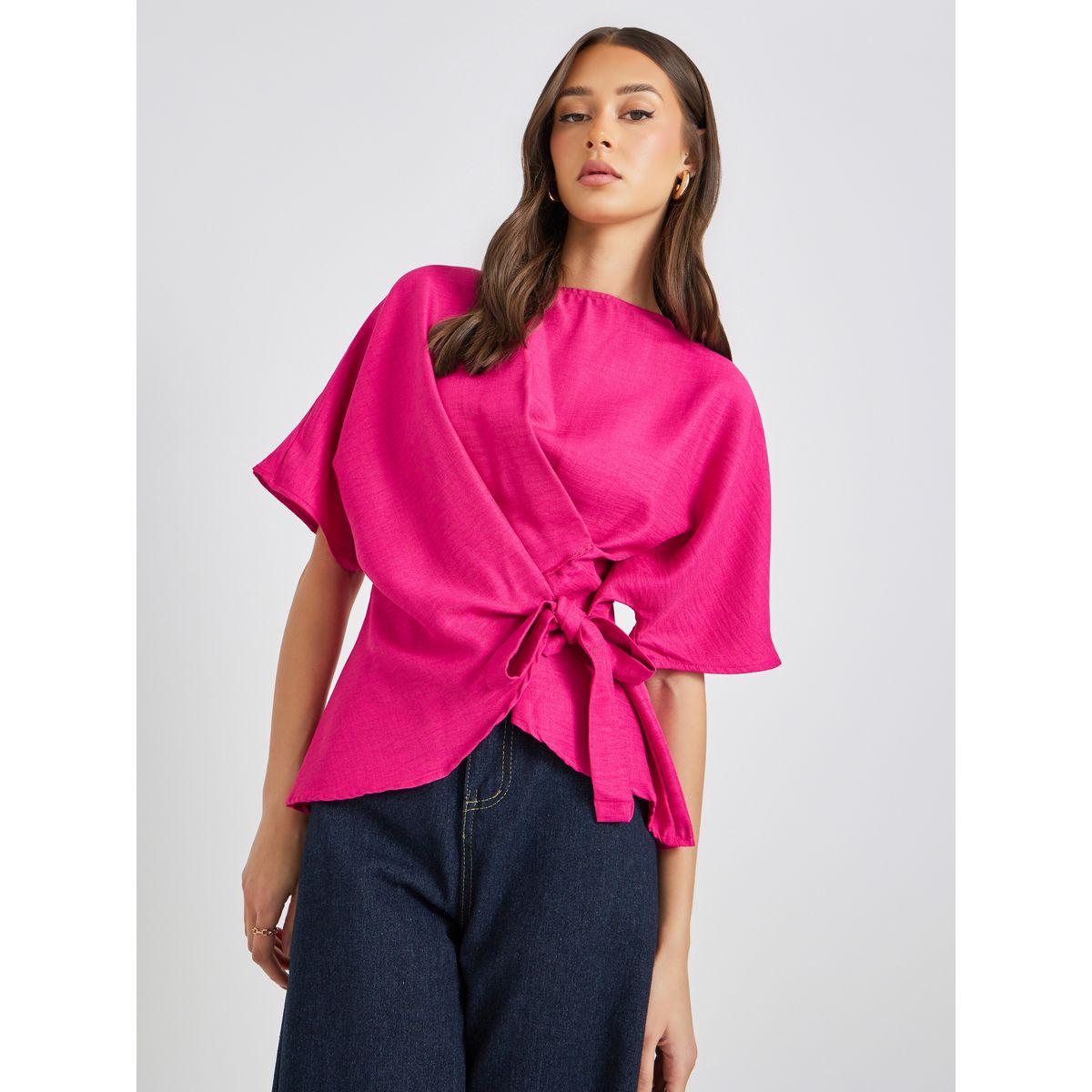 بلوزة سادة بنمط لف وحافة غير متماثلة الطول-women-clothing-shirtsandblouses-blouses-image-1