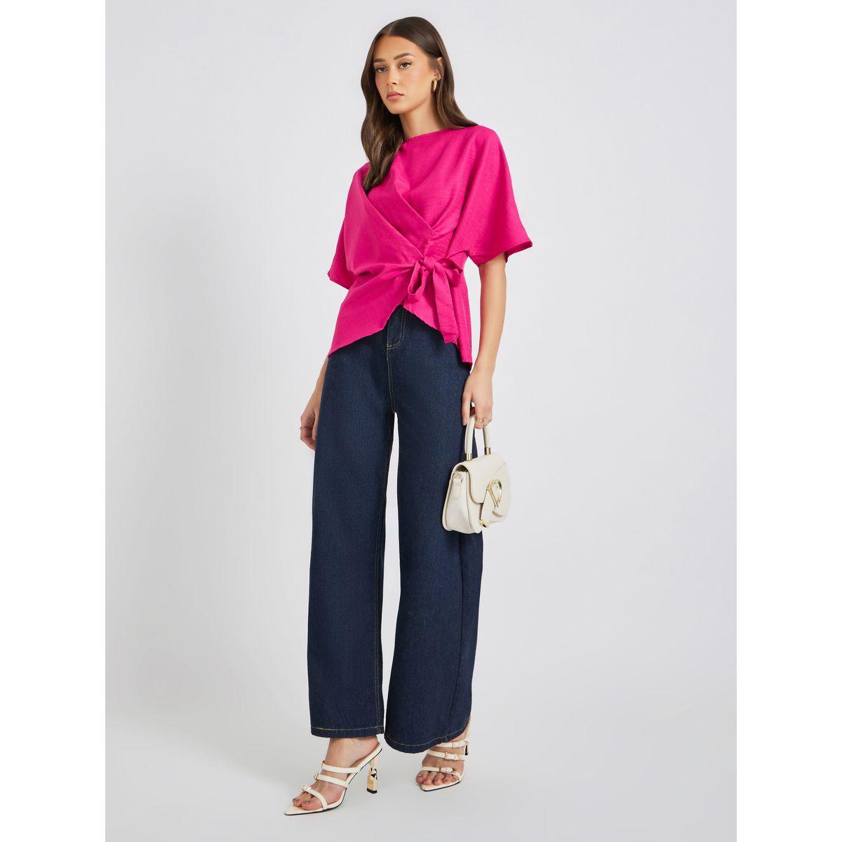 بلوزة سادة بنمط لف وحافة غير متماثلة الطول-women-clothing-shirtsandblouses-blouses-image-2