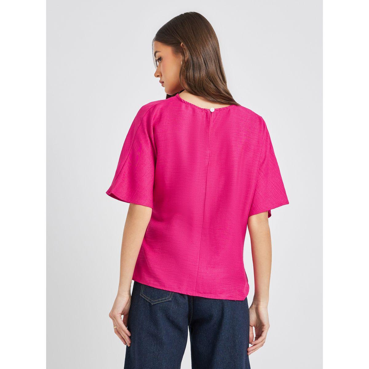 بلوزة سادة بنمط لف وحافة غير متماثلة الطول-women-clothing-shirtsandblouses-blouses-image-4