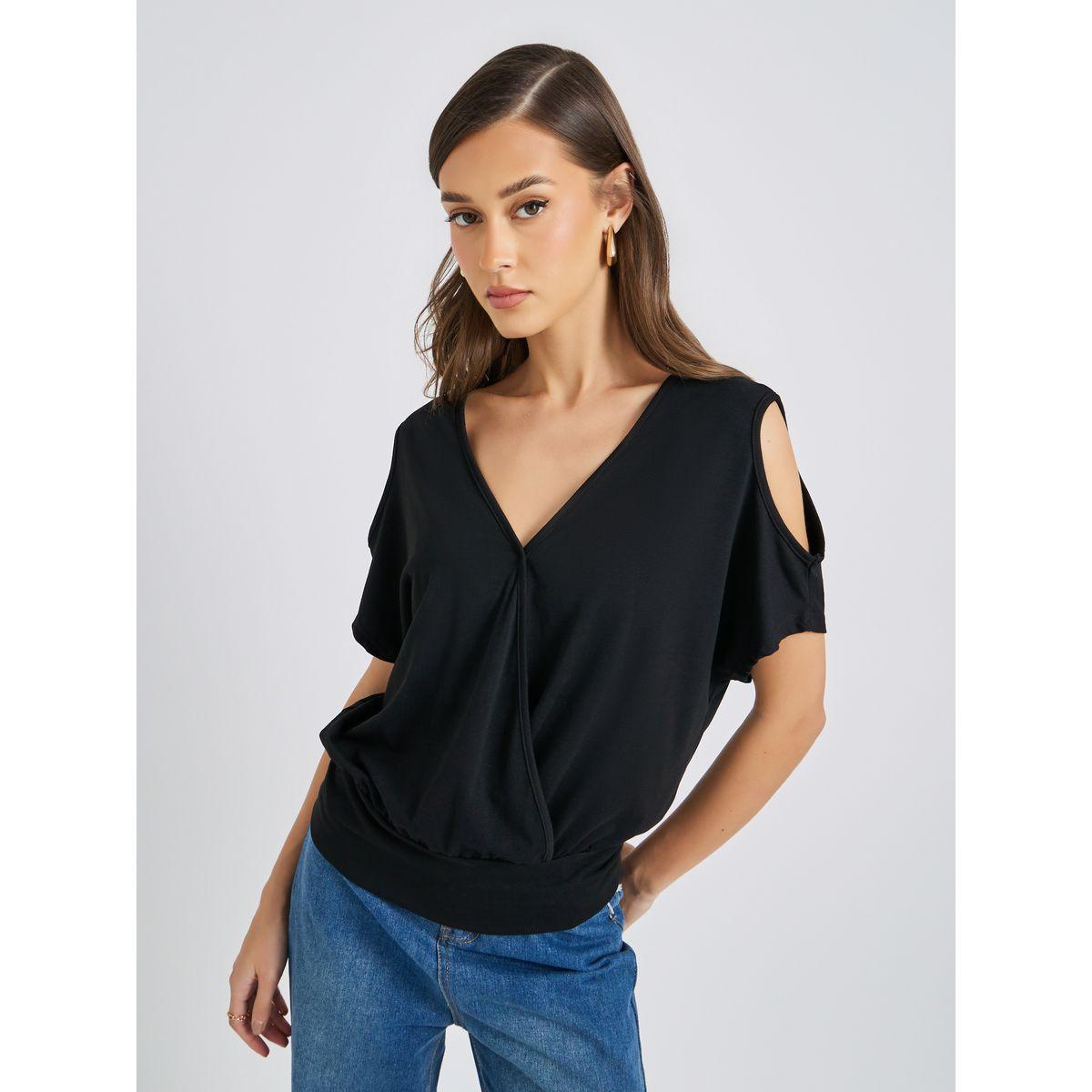 Styli Solid V-Neck Wrap Top with Cut Out Detail-women-clothing-shirtsandblouses-blouses-image-1