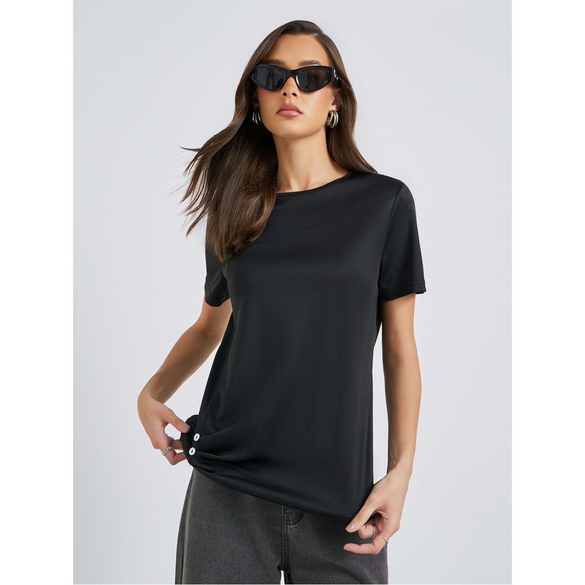 Styli Solid Round Neck T-Shirt with Button Details-women-clothing-tshirts-image-1