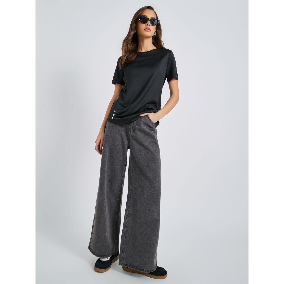 Styli Solid Round Neck T-Shirt with Button Details-women-clothing-tshirts-image-2