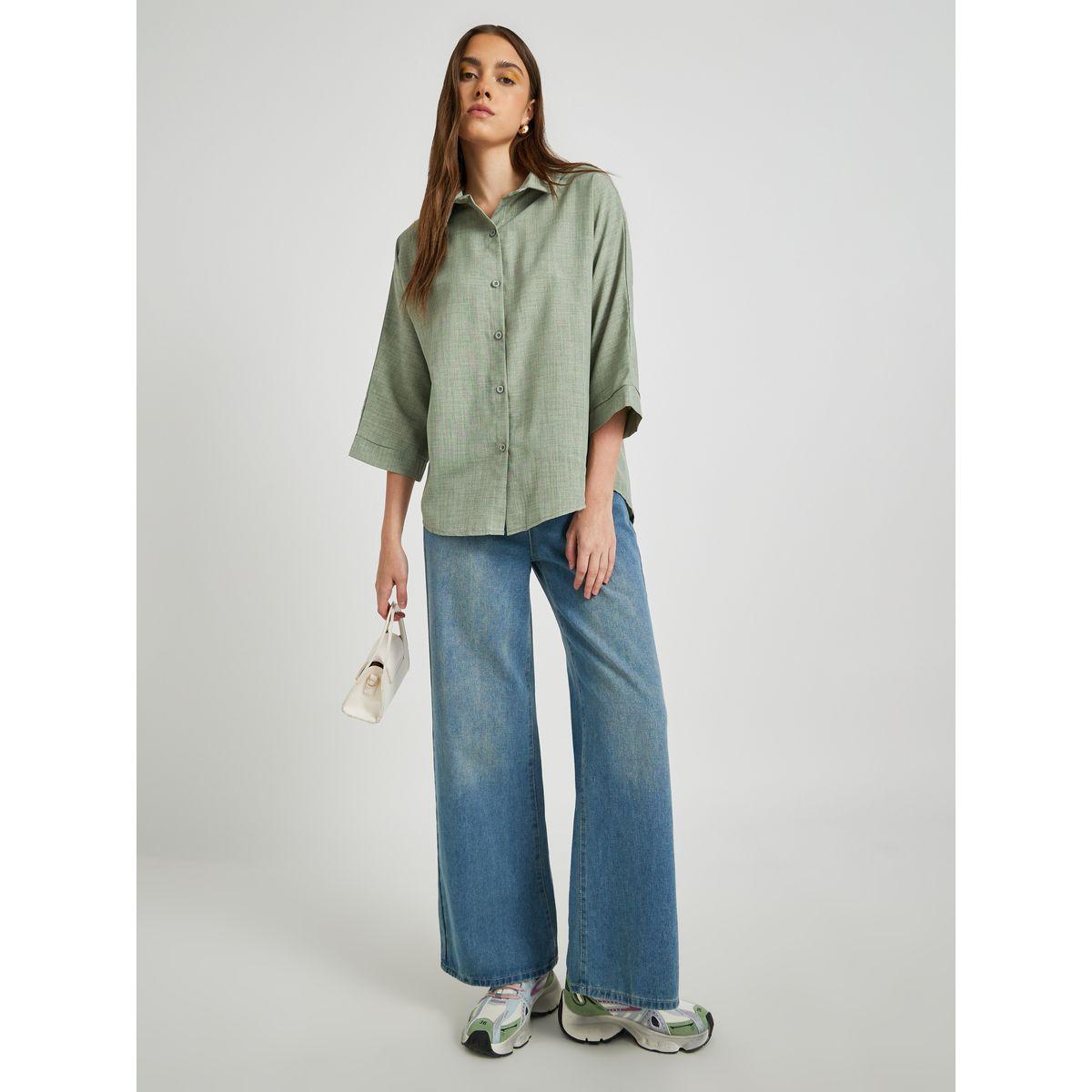 Styli Solid Linen Buttoned Spread Collar Shirt-women-clothing-shirtsandblouses-shirts-image-2