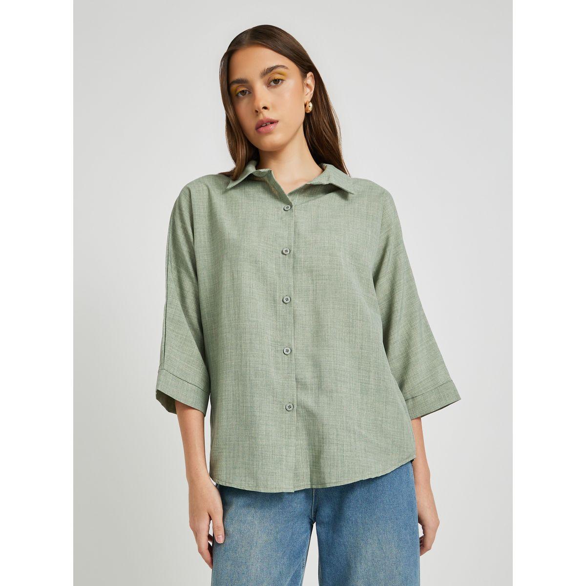Styli Solid Linen Buttoned Spread Collar Shirt-women-clothing-shirtsandblouses-shirts-image-3