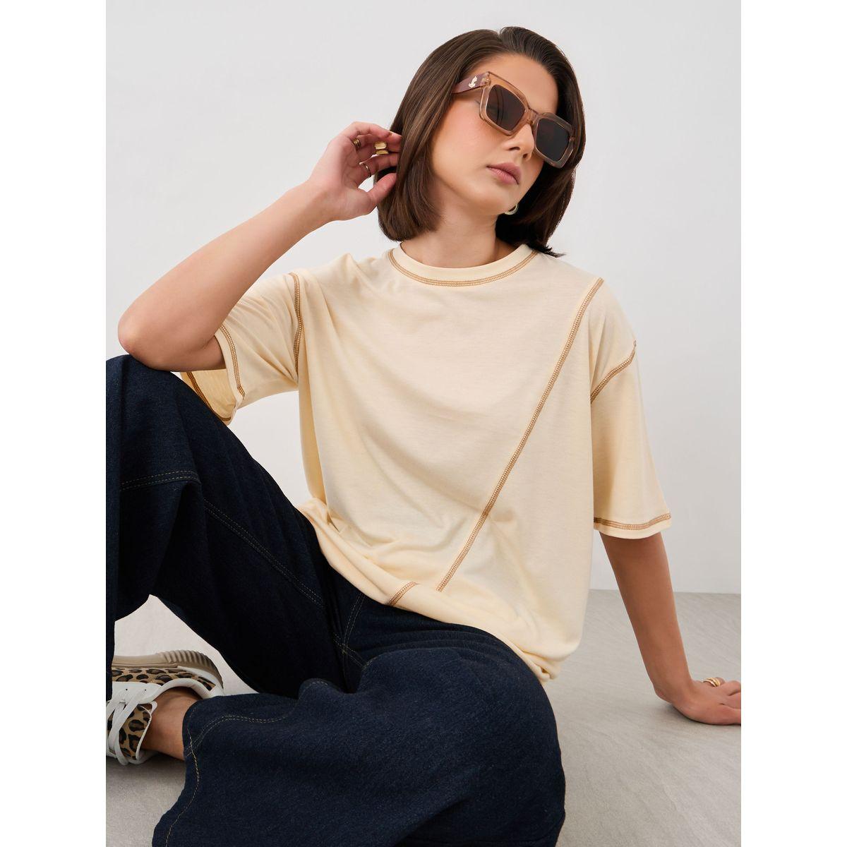 Styli Solid Round Neck T-Shirt with Contrast Stitching Detail-women-clothing-tshirts-image-1