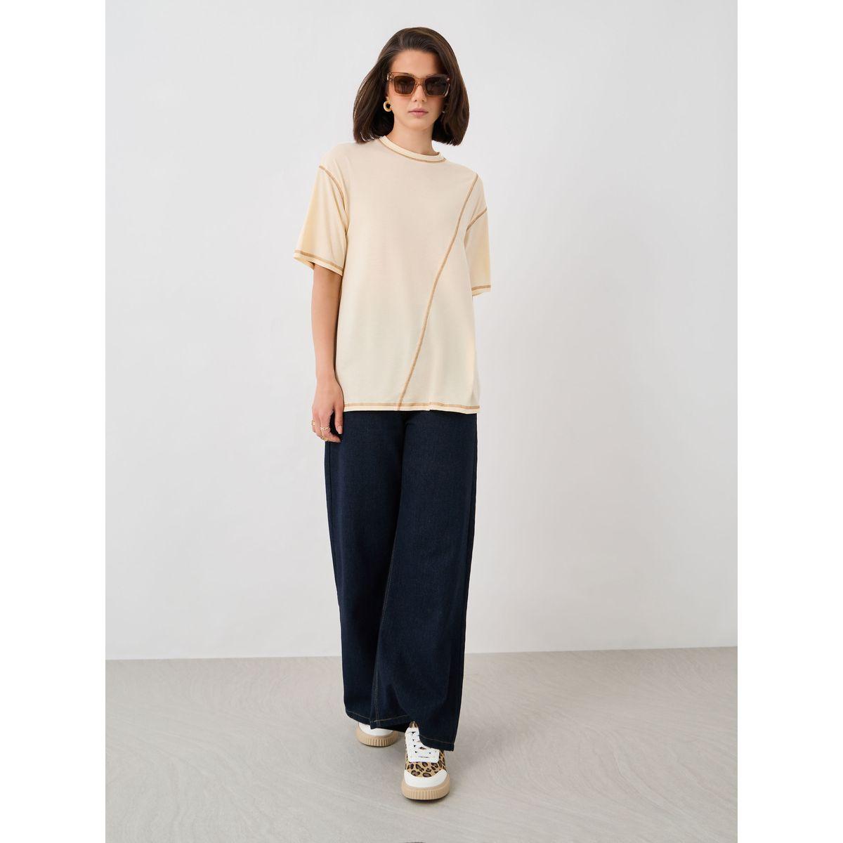 Styli Solid Round Neck T-Shirt with Contrast Stitching Detail-women-clothing-tshirts-image-2
