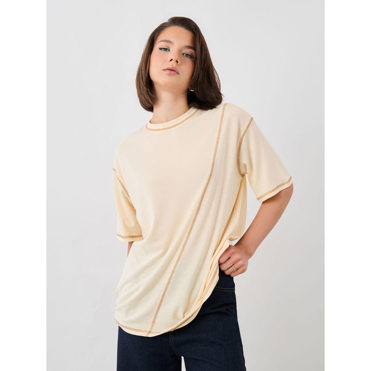 Styli Solid Round Neck T-Shirt with Contrast Stitching Detail-women-clothing-tshirts-image-3