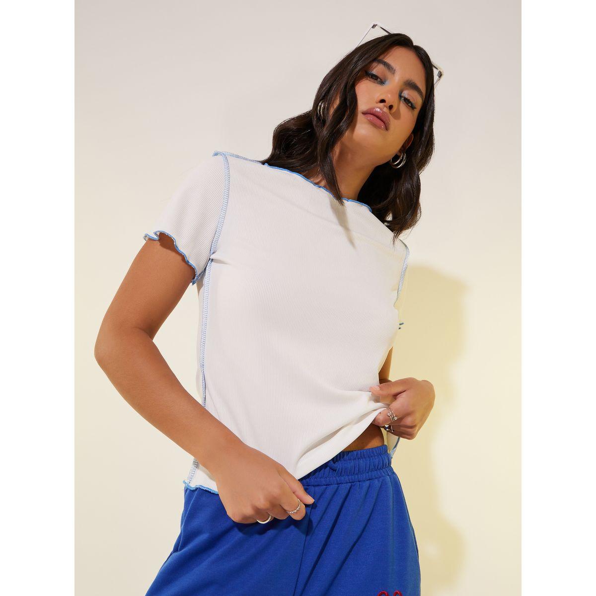Styli Ruffled Trim Textured Round Neck T-Shirt-women-clothing-tshirts-image-3