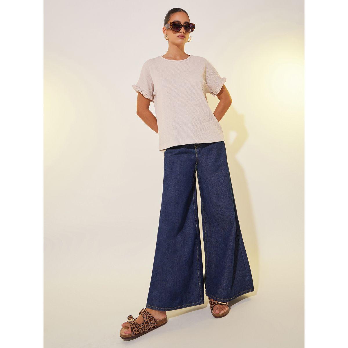 Styli Texture Solid Round Neck Loose Fit T-Shirt-women-clothing-tshirts-image-2