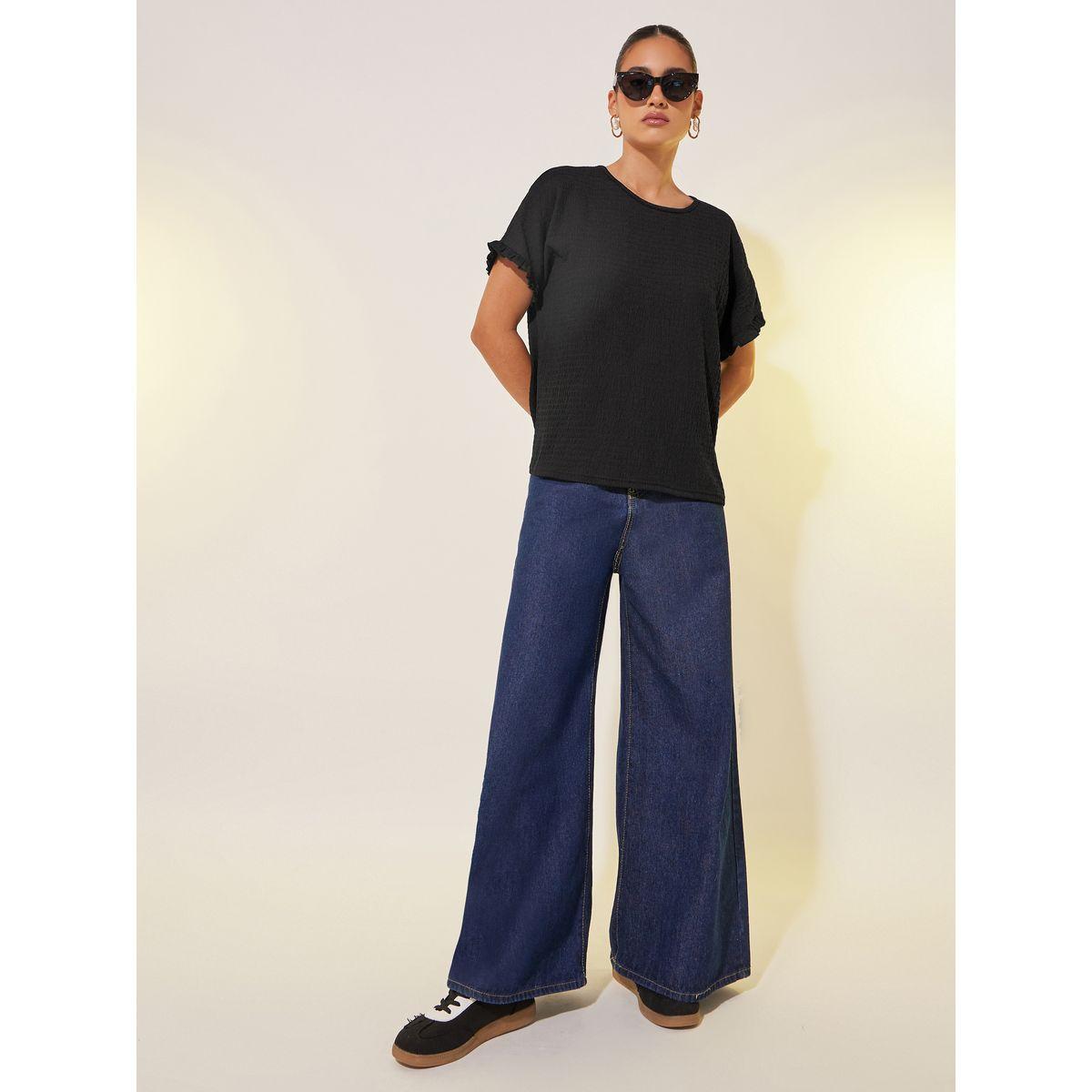 Styli Texture Solid Round Neck Loose Fit T-Shirt-women-clothing-tshirts-image-2