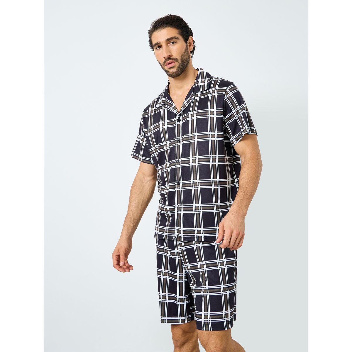 مجموعة من شورت وقميص مطبع بمربعات مع أكمام قصيرة-men-clothing-nightwear-sets-image-3