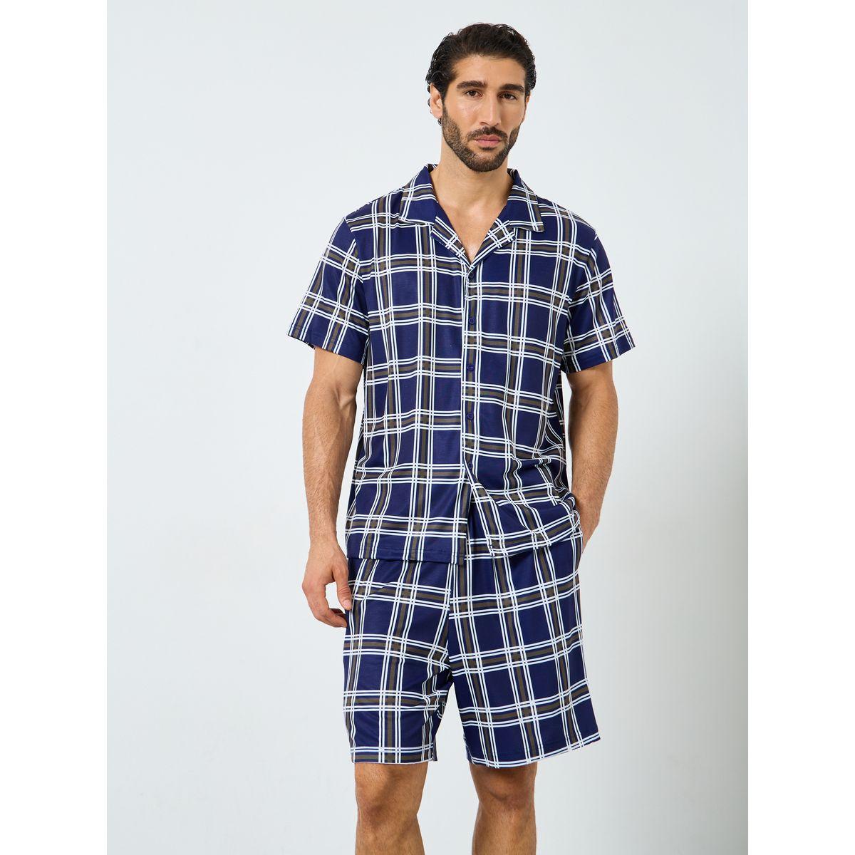 مجموعة من شورت وقميص مطبع بمربعات مع أكمام قصيرة-men-clothing-nightwear-sets-image-2