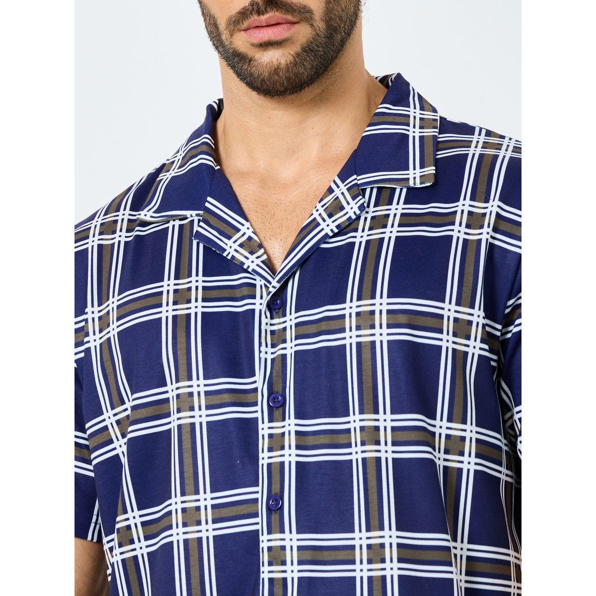مجموعة من شورت وقميص مطبع بمربعات مع أكمام قصيرة-men-clothing-nightwear-sets-image-3