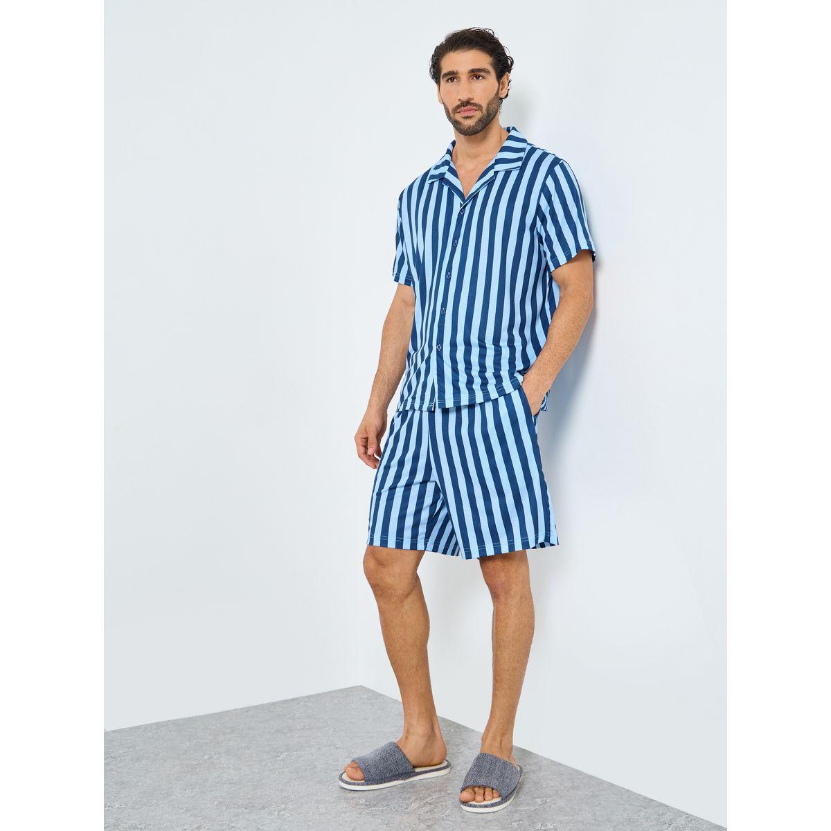 Styli Navy Blue Striped Short Sleeve Shirt and Shorts Set-men-clothing-nightwear-sets-image-1