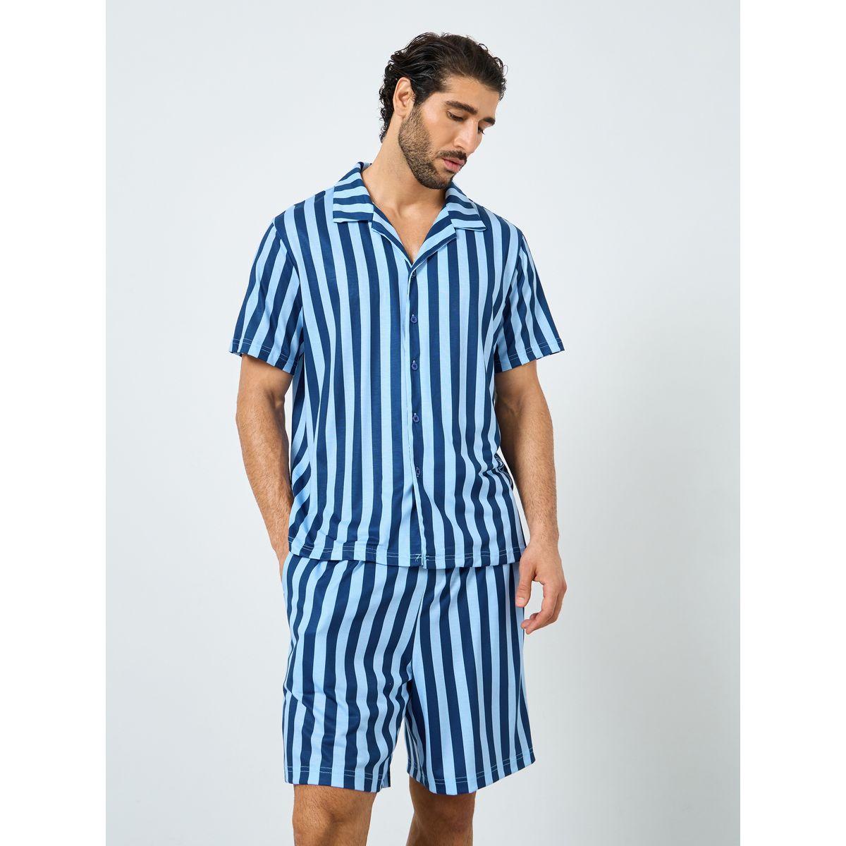 Styli Navy Blue Striped Short Sleeve Shirt and Shorts Set-men-clothing-nightwear-sets-image-2