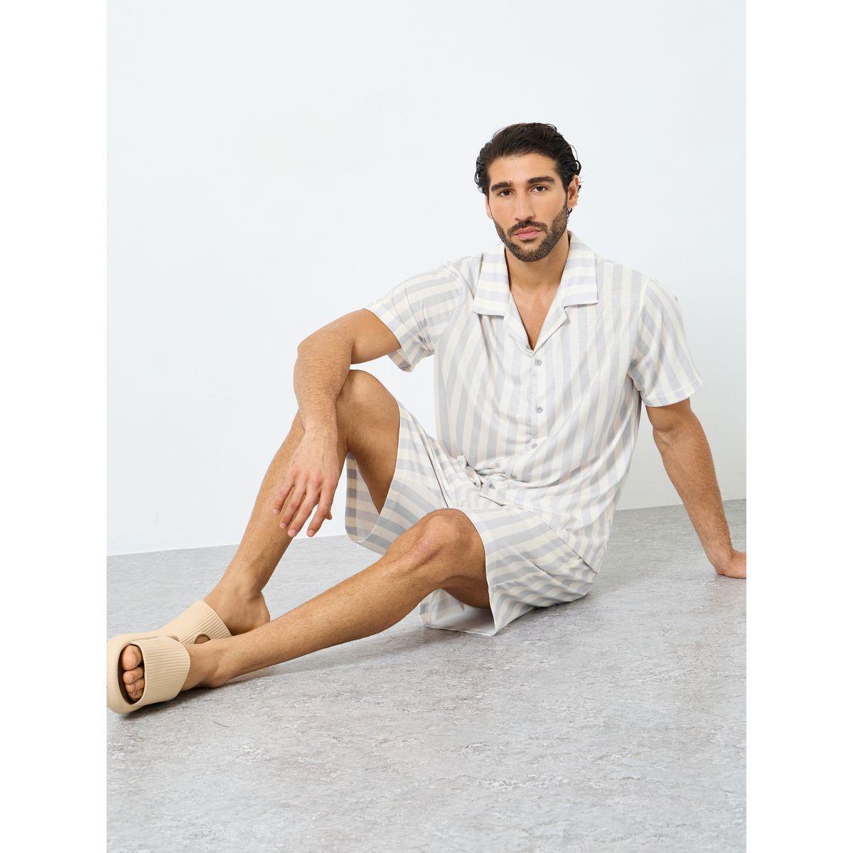 Styli White Striped Short Sleeve Shirt and Shorts Set-men-clothing-nightwear-sets-image-1