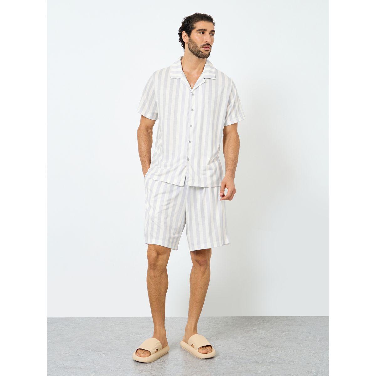 Styli White Striped Short Sleeve Shirt and Shorts Set-men-clothing-nightwear-sets-image-2