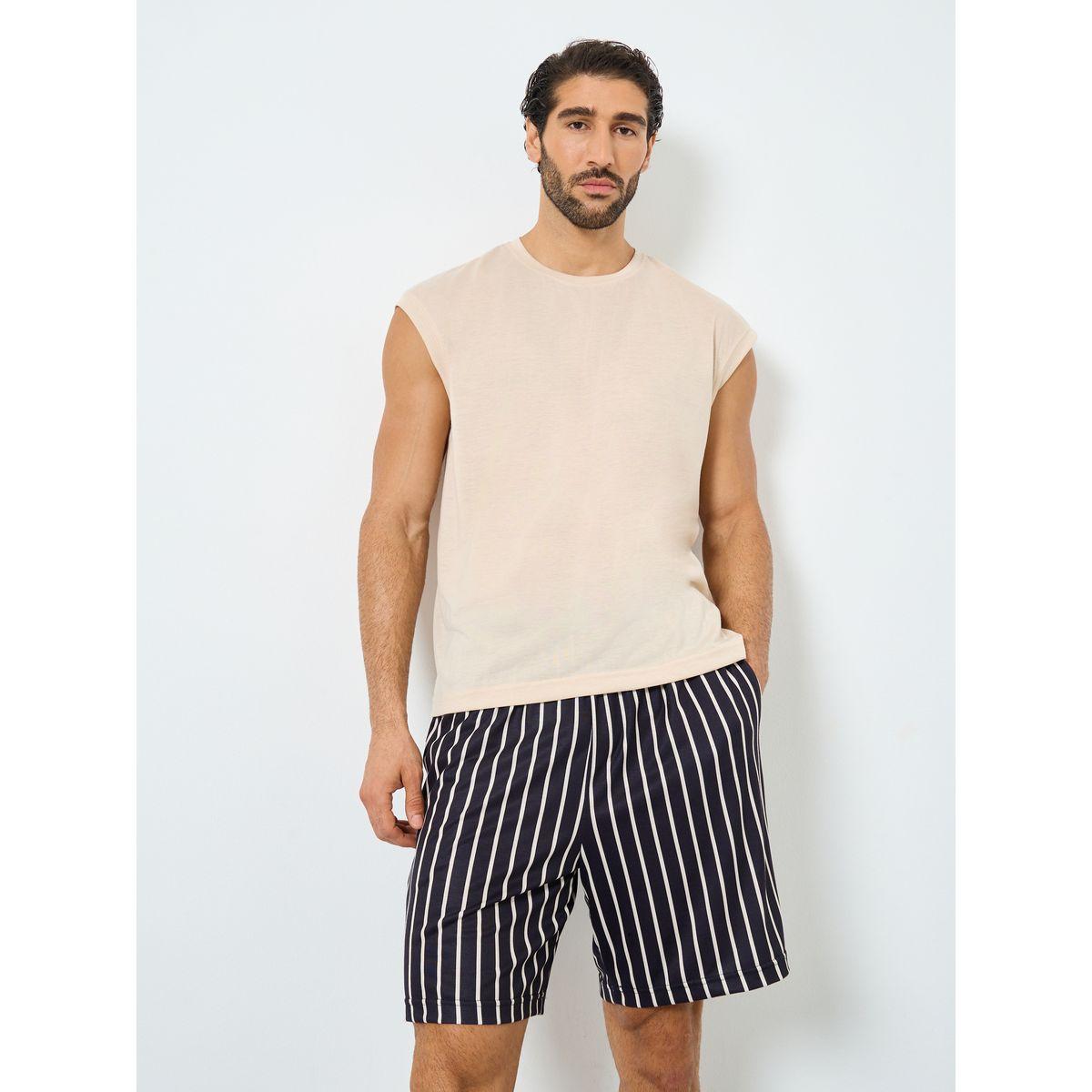 Styli Solid Tank Top and Striped Shorts Set-men-clothing-nightwear-sets-image-1