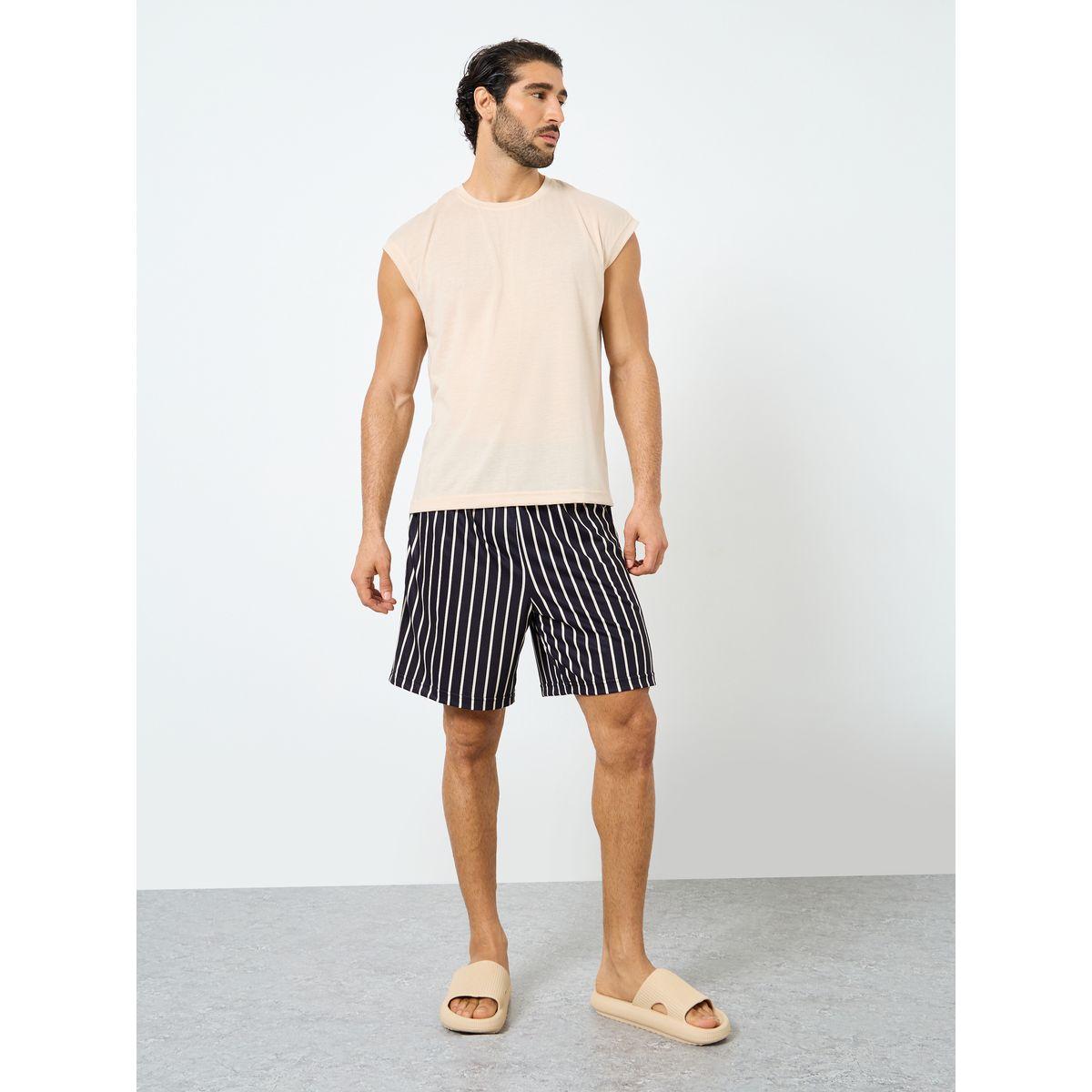 Styli Solid Tank Top and Striped Shorts Set-men-clothing-nightwear-sets-image-2