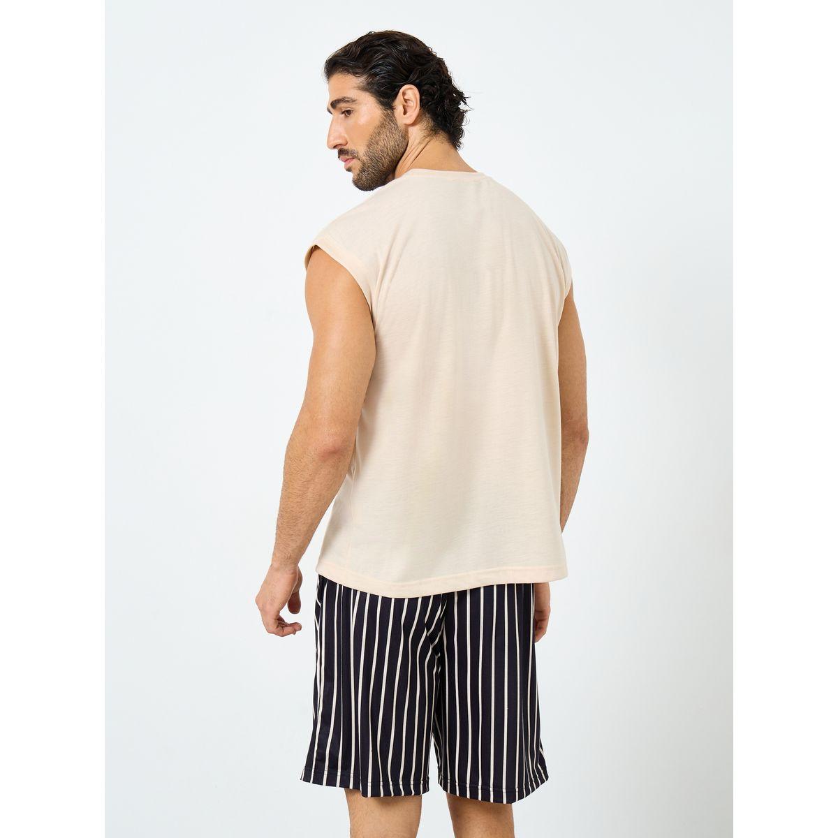 Styli Solid Tank Top and Striped Shorts Set-men-clothing-nightwear-sets-image-5