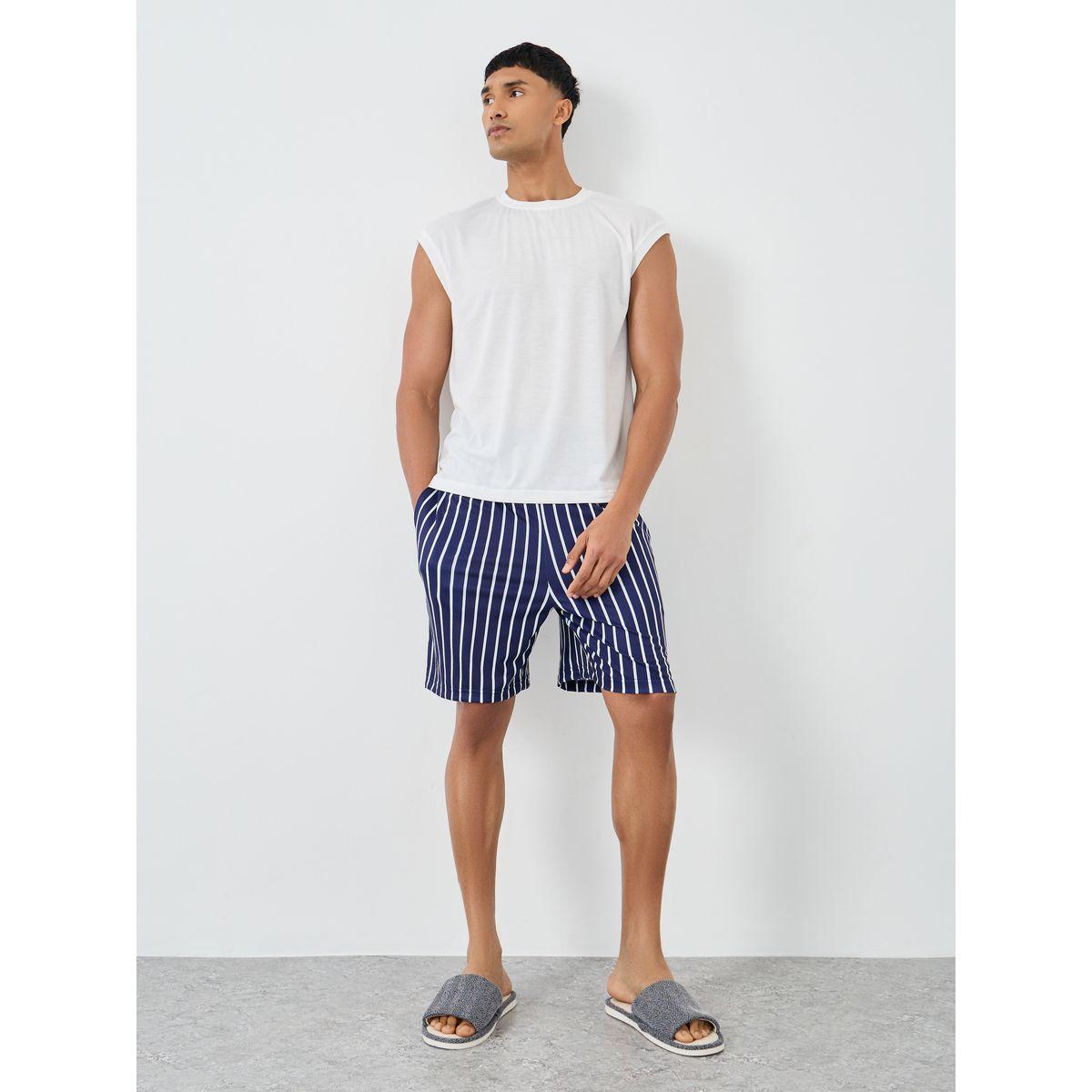 مجموعة من شورت مخطط مع بلوزة سادة بلا أكمام-men-clothing-nightwear-sets-image-1