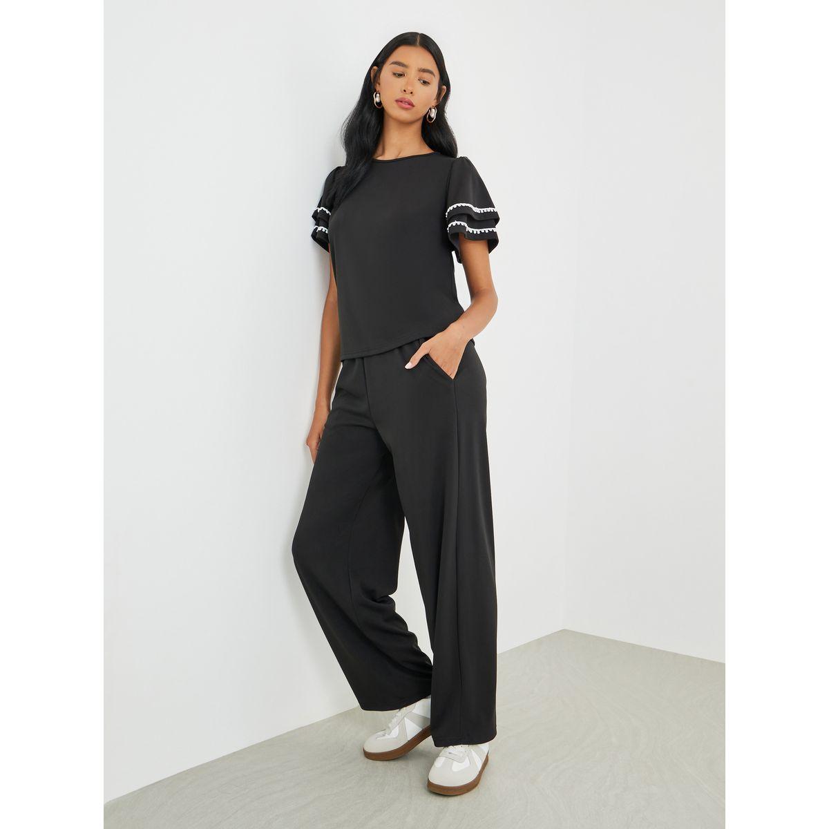 Styli Flounce Sleeve Round Neck Top and Pants Co-Ords-women-clothing-coordsets-image-1