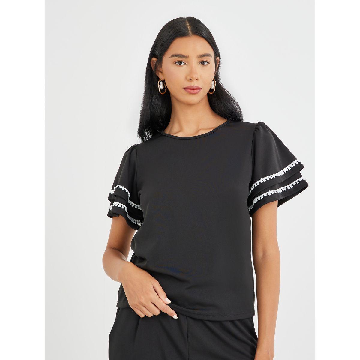 Styli Flounce Sleeve Round Neck Top and Pants Co-Ords-women-clothing-coordsets-image-2