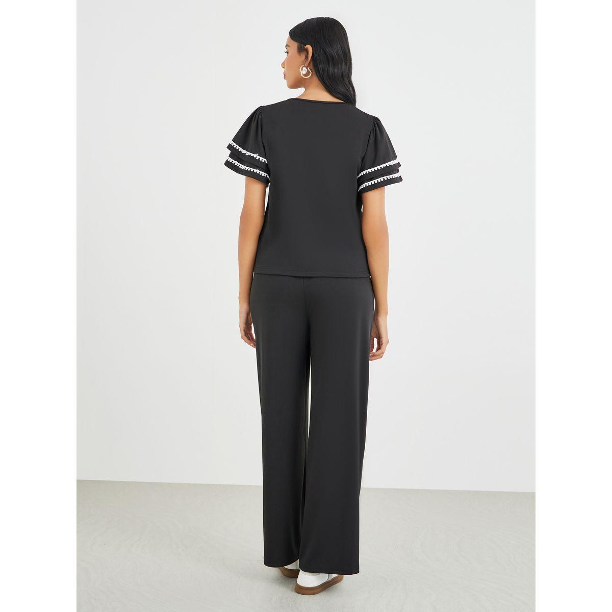 Styli Flounce Sleeve Round Neck Top and Pants Co-Ords-women-clothing-coordsets-image-5