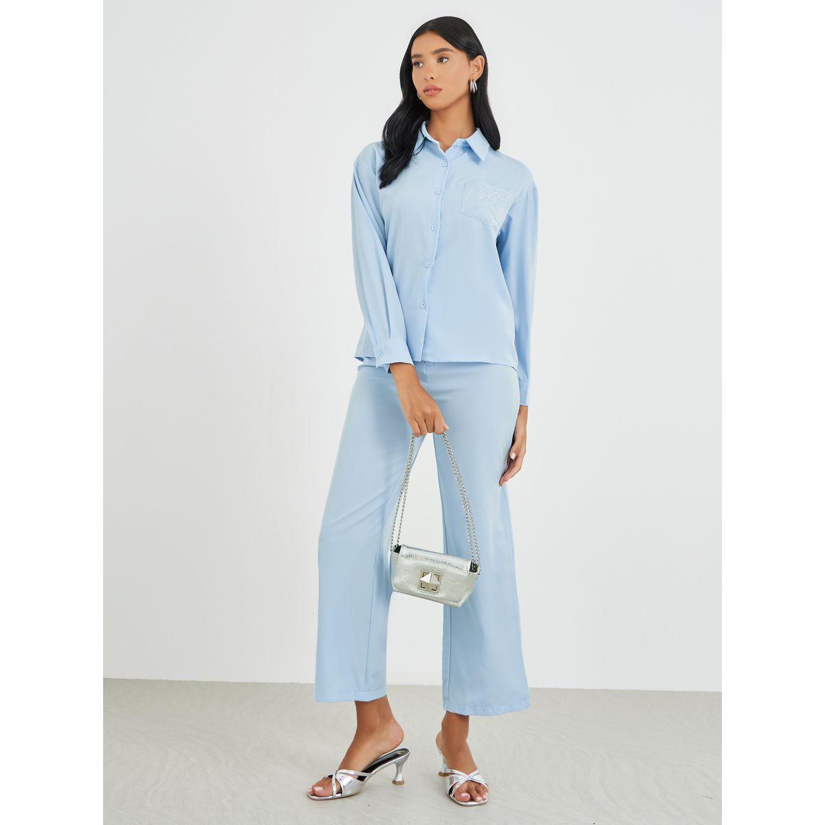 Styli Embellished Pocket Buttoned Shirt and Pants Co-Ordsd-women-clothing-coordsets-image-1
