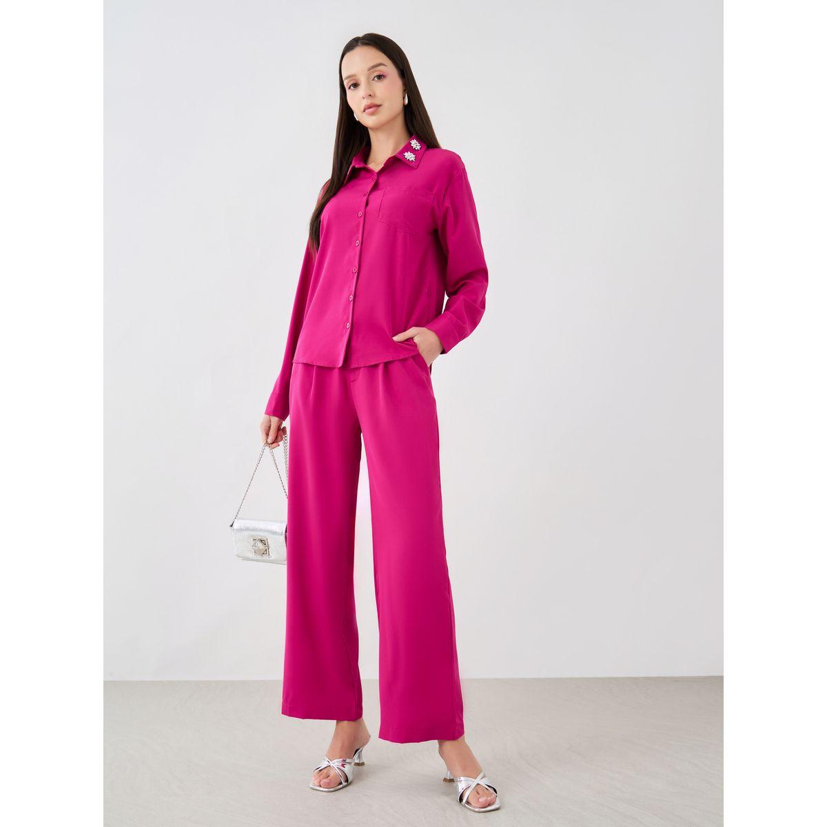 Styli Embellished Spared Collar Buttoned Shirt and Pants Co-Ords-women-clothing-coordsets-image-1