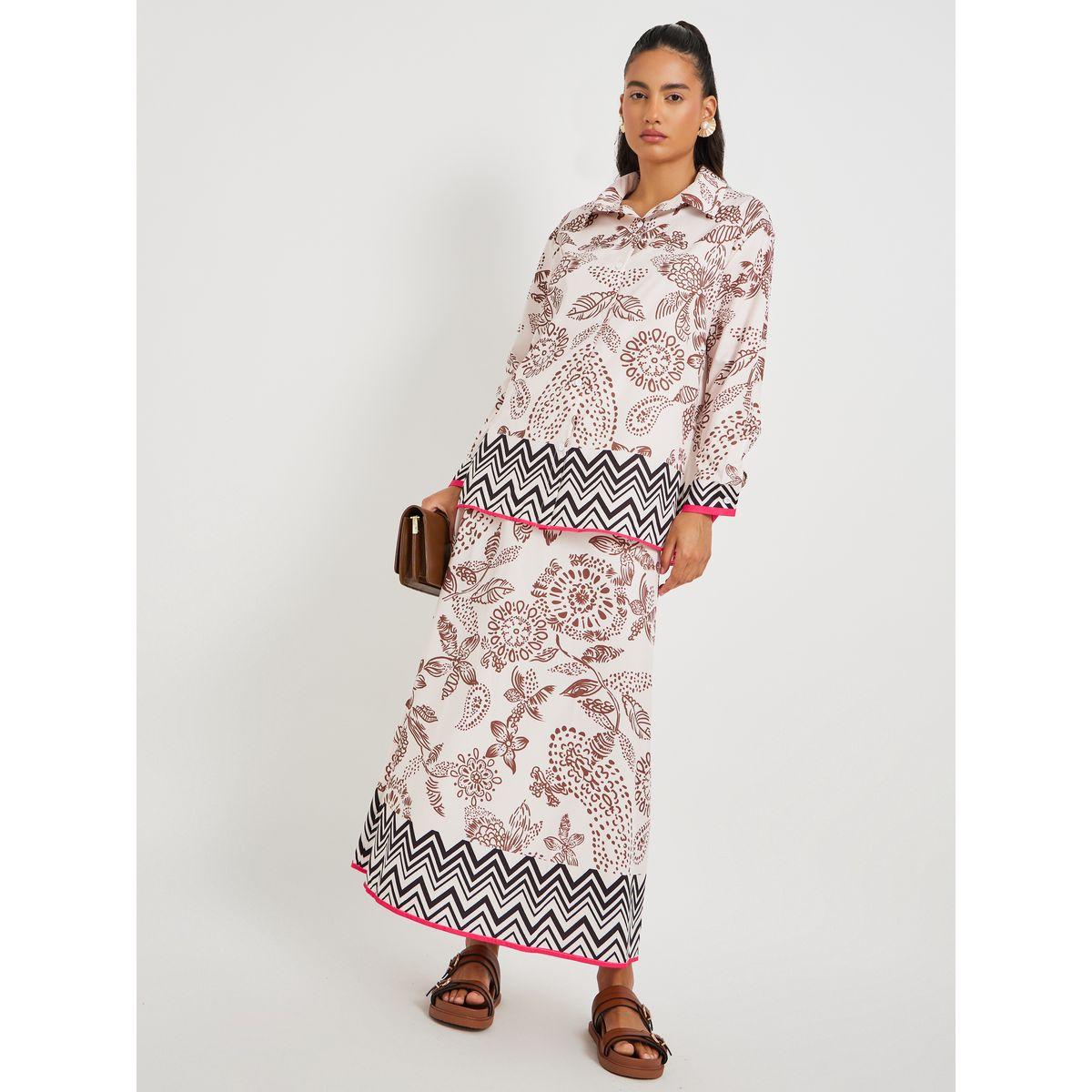 Styli Print Long Sleeve Top and A-Line Skirt Co-Ords-women-clothing-coordsets-image-1